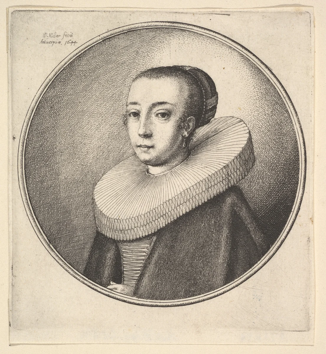 Woman with circular lace ruff by Wenceslaus Hollar, print, 1644