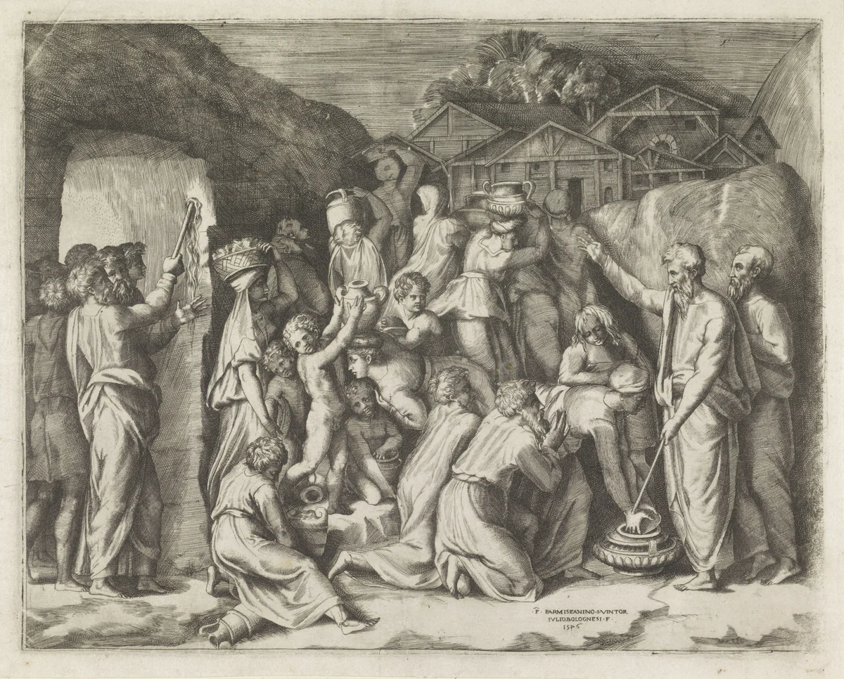 Mozes beveelt de Israëlieten het manna te verzamelen en Mozes slaat water uit de rots by Unknown, print, 1546