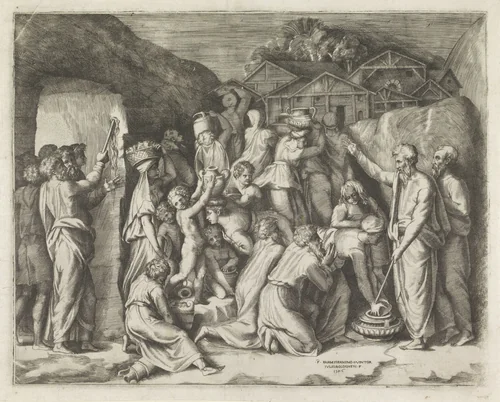 Mozes beveelt de Israëlieten het manna te verzamelen en Mozes slaat water uit de rots by Unknown, print, 1546