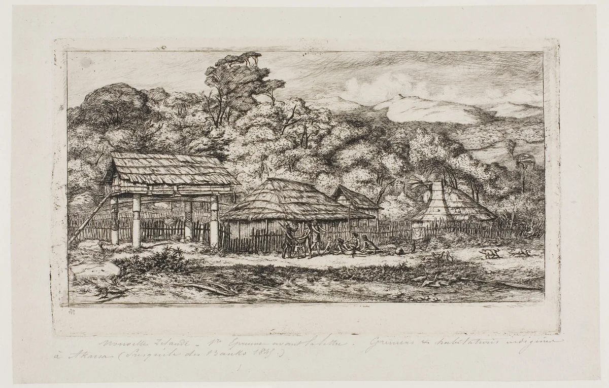 Native Barns and Huts at Akaroa, Banks' Peninsula, 1845 by Charles Meryon, print, 1865