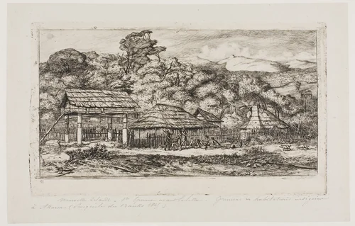 Native Barns and Huts at Akaroa, Banks' Peninsula, 1845 by Charles Meryon, print, 1865