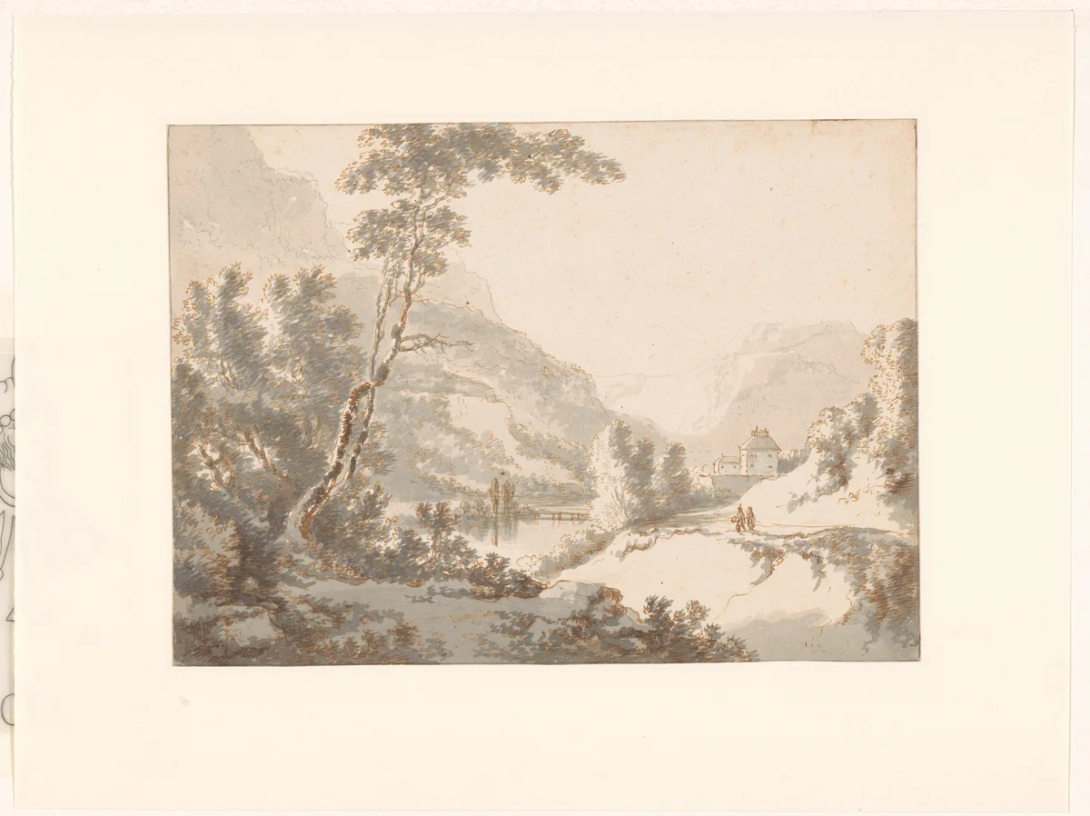 Mountain Landscape with a Castle Overlooking a River by Jan Hackaert, drawing, 1660-1665