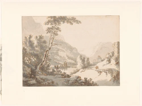 Mountain Landscape with a Castle Overlooking a River by Jan Hackaert, drawing, 1660-1665