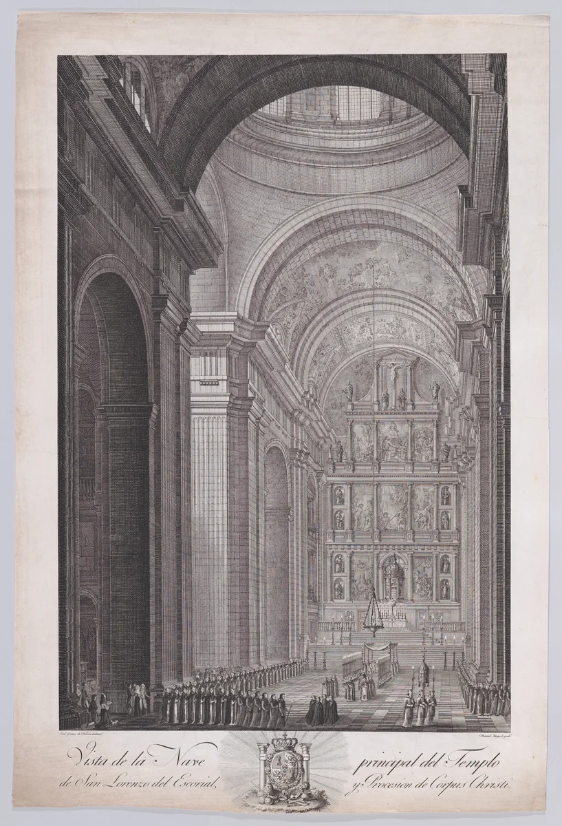 The procession of Corpus Christi in the nave of the Church of the monastery of El Escorial, from "Views of El Escorial" by Manuel Alegre, print, 1785-1795