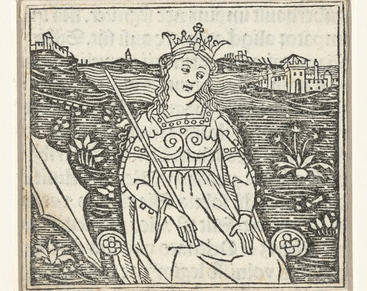 Vrouw met scepter en kroon en wapenschild in landschap by anonymous, print, 1480-1499