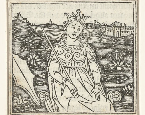 Vrouw met scepter en kroon en wapenschild in landschap by anonymous, print, 1480-1499