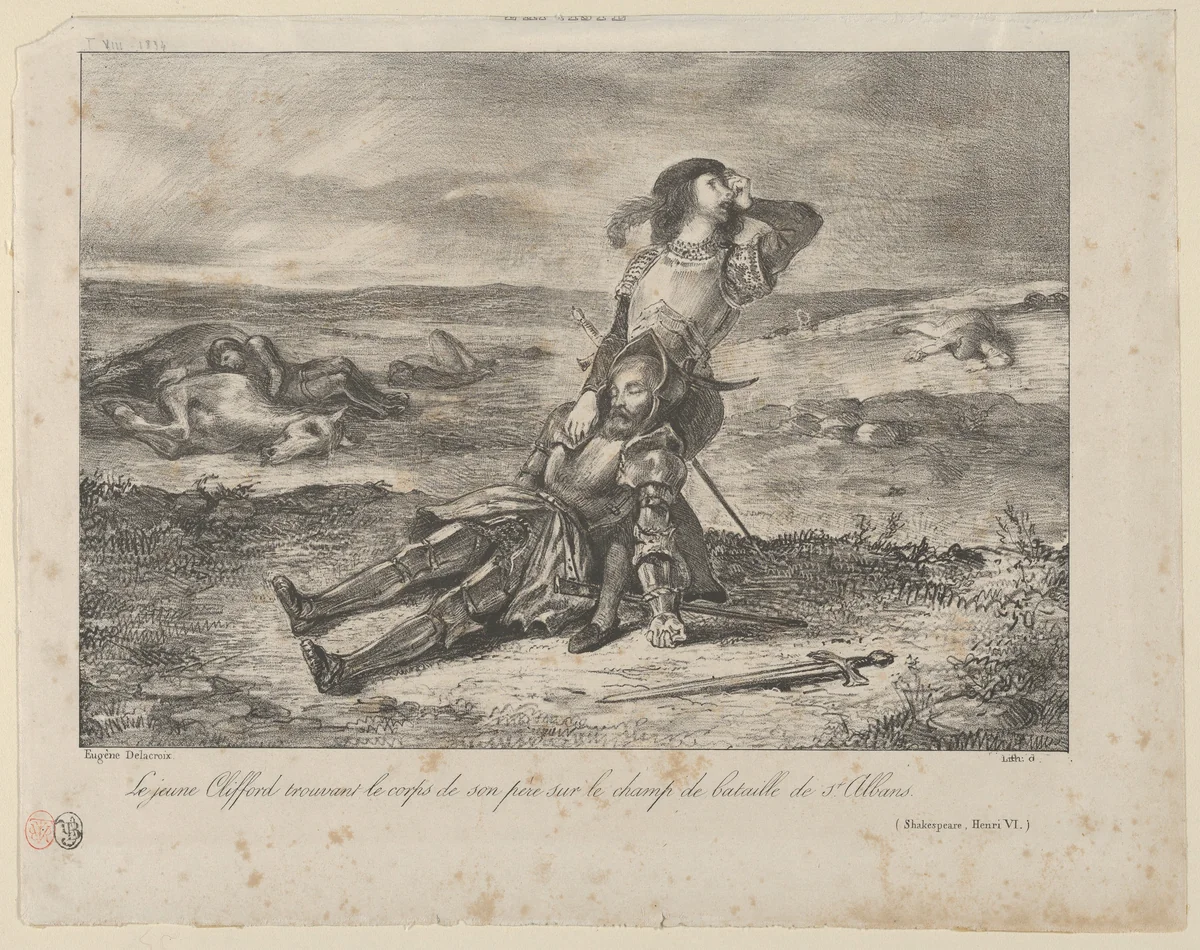 Young Clifford Finding the Body of his Father, from "L'Artiste" by Eugène Delacroix, print, 1834