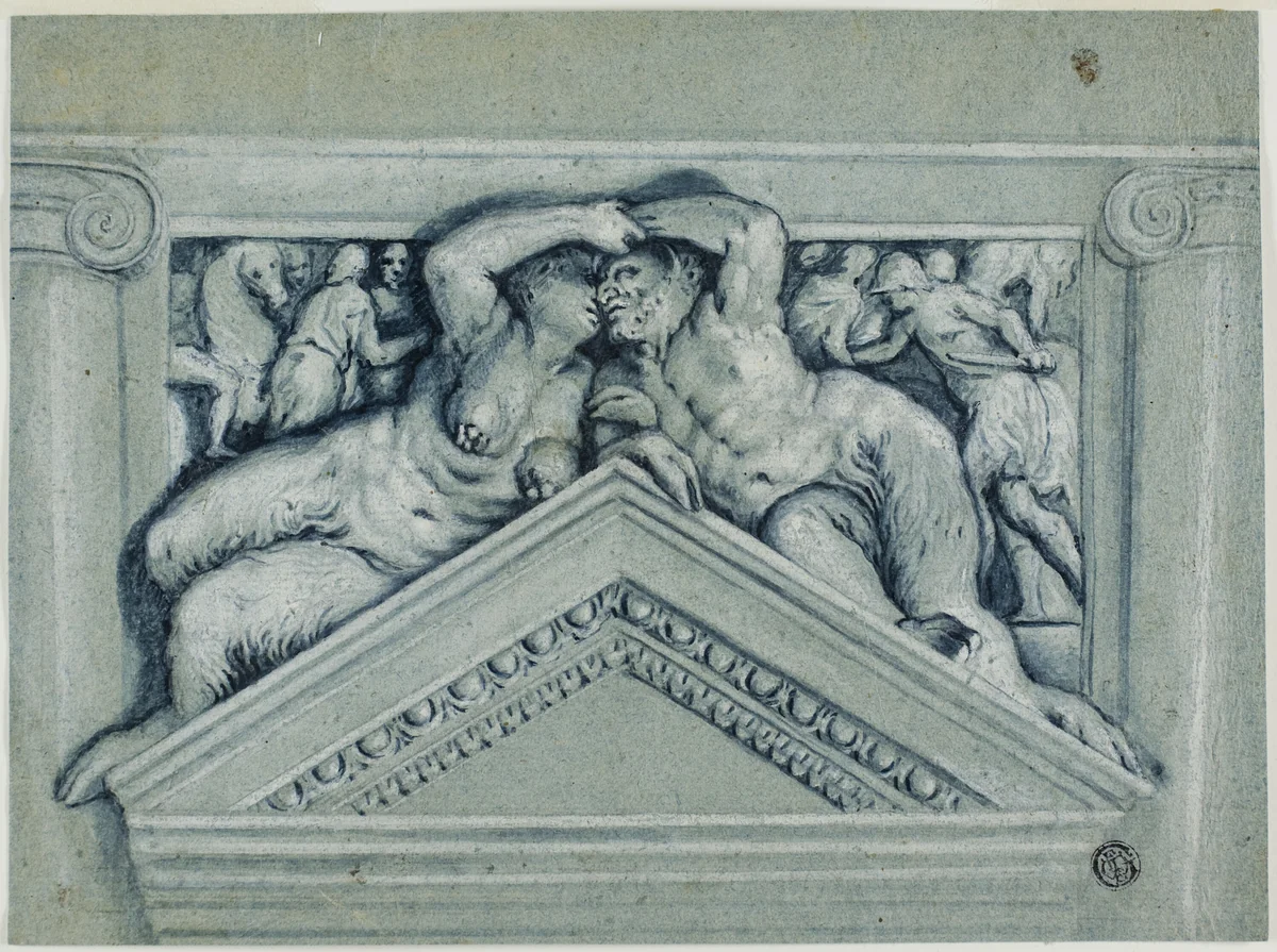Overdoor with Satyr and Satyress by Paolo Caliari, drawing, 1600-1699