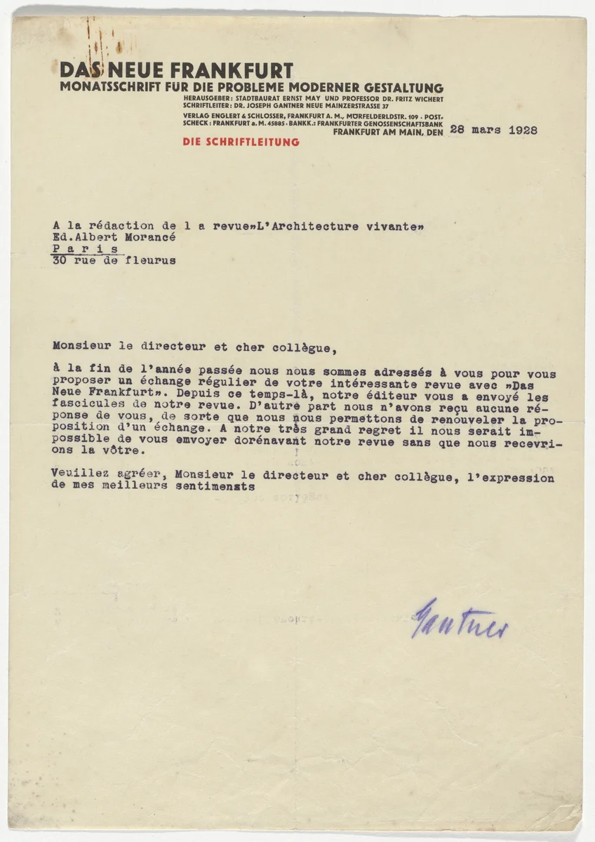 Das Neue Frankfurt letterhead (Letter to Albert Morancé from Joseph Gentner) by Unidentified Designer, design, 1928