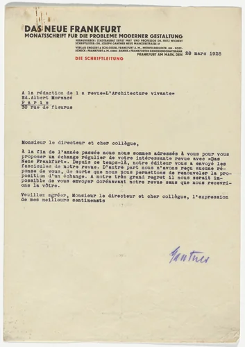 Das Neue Frankfurt letterhead (Letter to Albert Morancé from Joseph Gentner) by Unidentified Designer, design, 1928