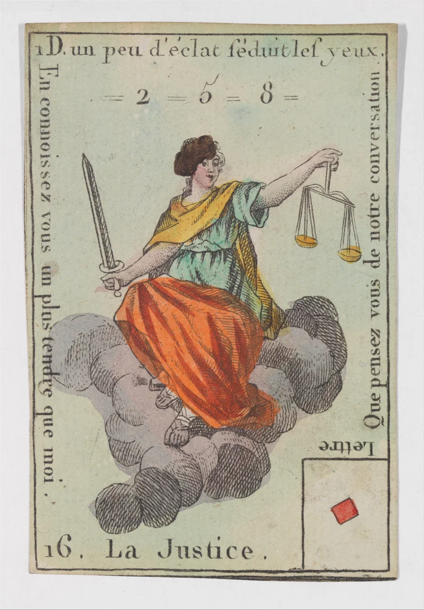 La Justice, from the playing cards (for quartets) "Costumes des Peuples Étrangers" by anonymous, print, 1700-1799