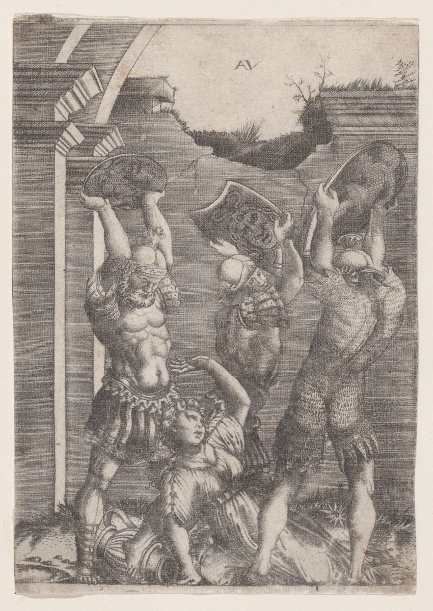 Tarpeia Crushed by the Sabines by Agostino Veneziano, print, 1514-1536