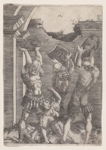 Tarpeia Crushed by the Sabines by Agostino Veneziano, print, 1514-1536