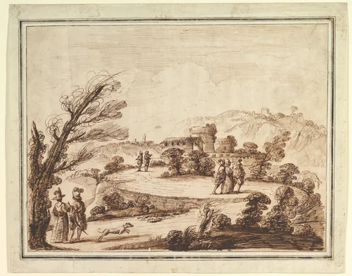 Landscape with Figures and Fortifications by Guercino, drawing, 1750-1780
