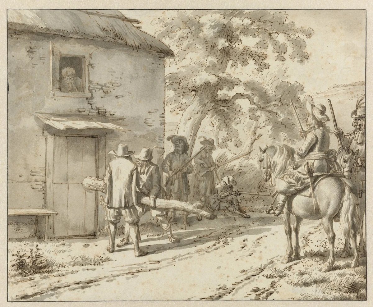 Plunderende soldaten bij een boerenwoning by Adriaen van de Velde, drawing, 1669