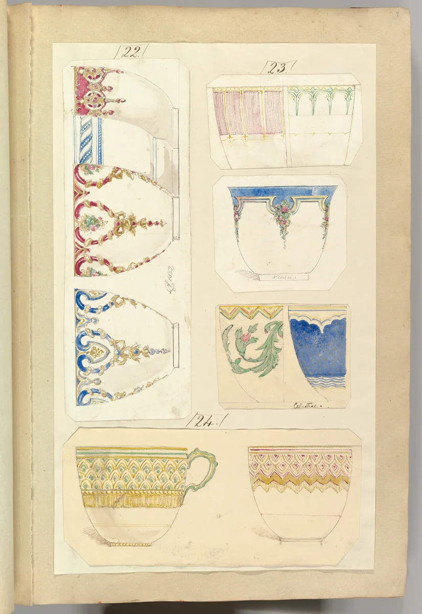 Eleven Designs for Decorated Cups, including Venice and Celestial Patterns by Alfred Forrester, drawing, 1847-1857