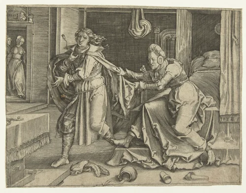 Jozef ontvlucht de vrouw van Potifar by Unknown, print, 1550-1617