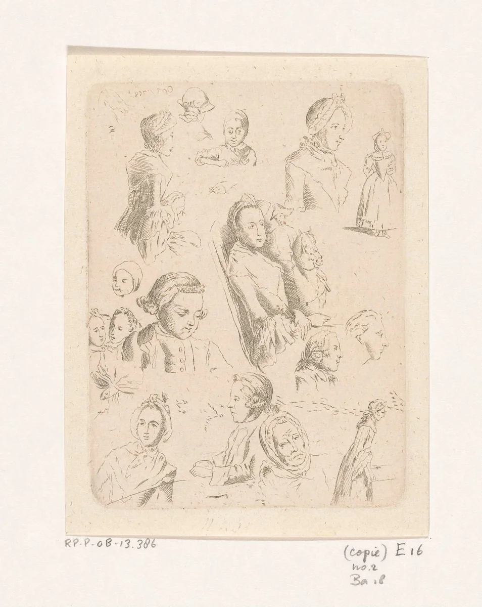 Studieblad met achttien figuren by anonymous, print, 1758