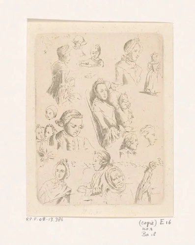 Studieblad met achttien figuren by anonymous, print, 1758