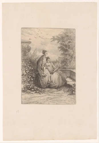 Twee jonge vrouwen lezend op een buitenterras by Auguste Numans, print, 1878
