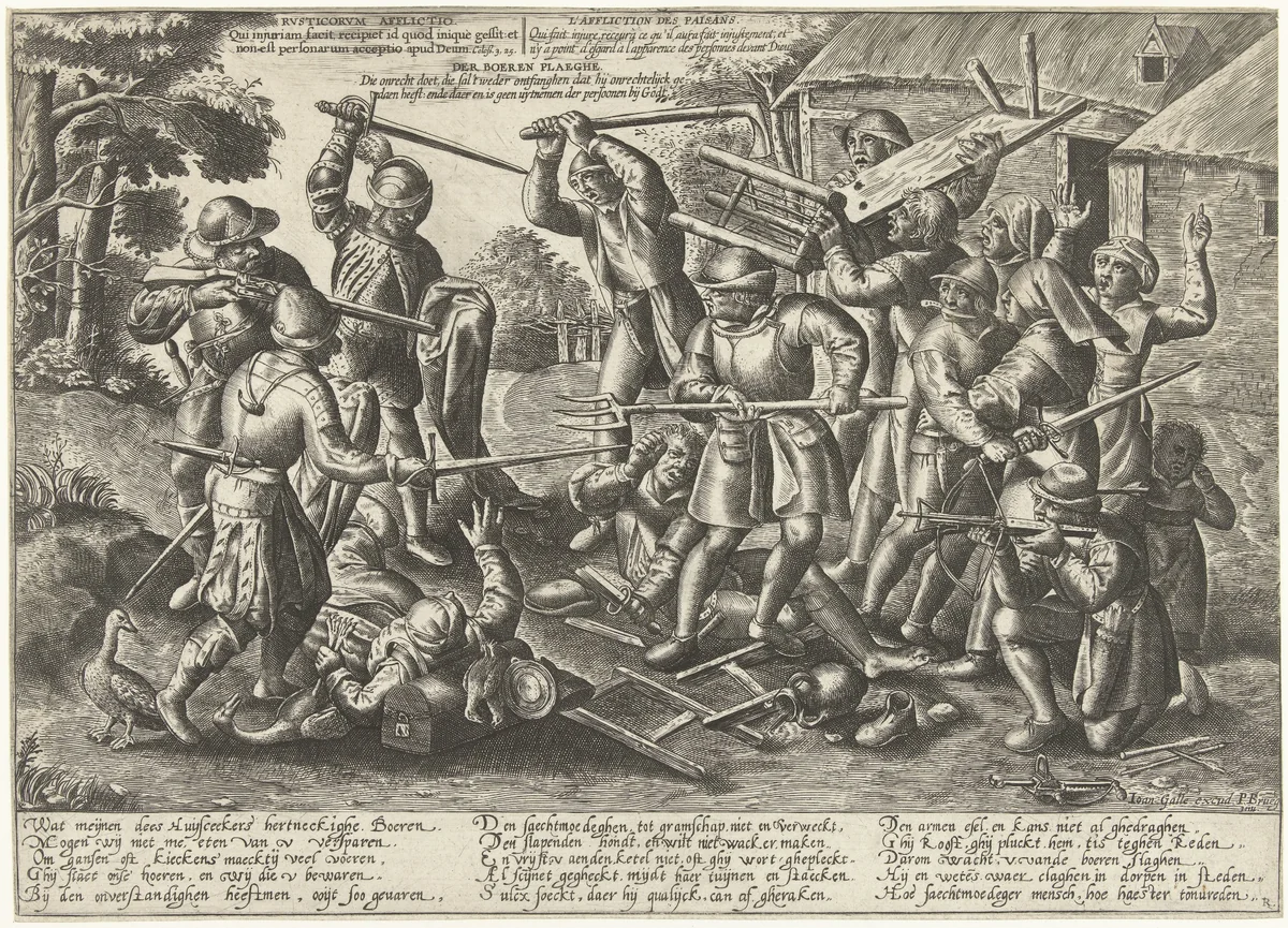 Strijd tussen boeren en soldaten by Peeter Baltens, print, 1540-1584