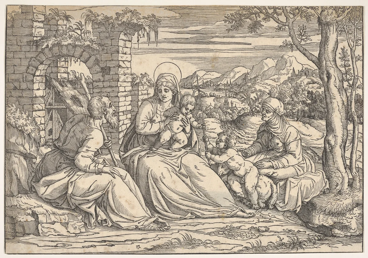 The Holy Family with saints Elizabeth and John by Nicolò Boldrini, print, 1545-1555