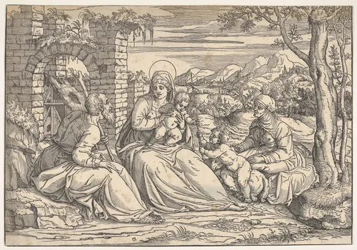 The Holy Family with saints Elizabeth and John by Nicolò Boldrini, print, 1545-1555