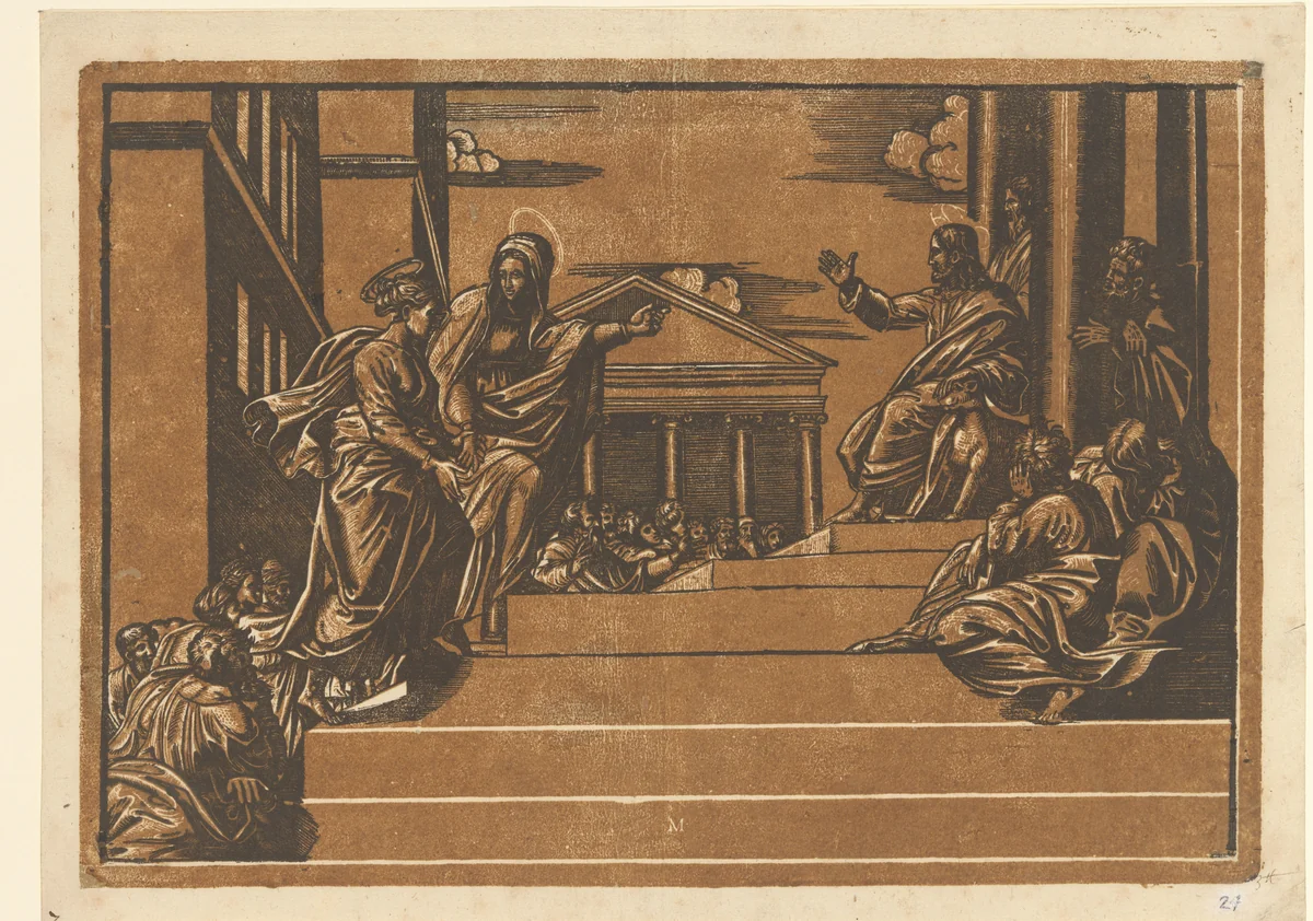 Marta leidt Maria Magdalena naar de tempel by Unknown, print, 1554-1572