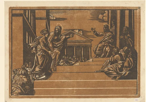 Marta leidt Maria Magdalena naar de tempel by Unknown, print, 1554-1572
