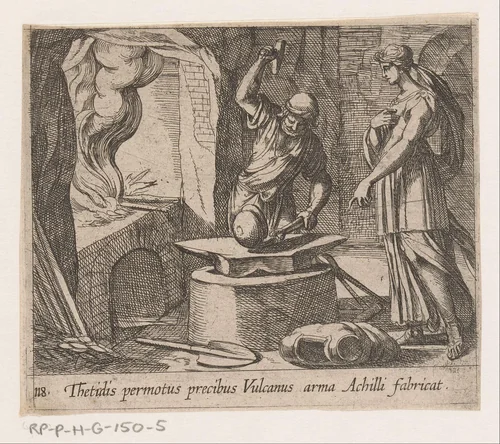 Vulcanus maakt de wapenrusting van Achilles by Antonio Tempesta, print, 1606-1638