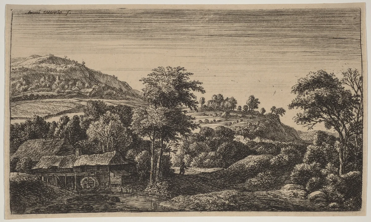 Watermill at the Foot of a Hill by Anthonie Waterloo, print, 1609-1690