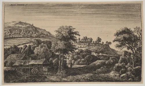 Watermill at the Foot of a Hill by Anthonie Waterloo, print, 1609-1690
