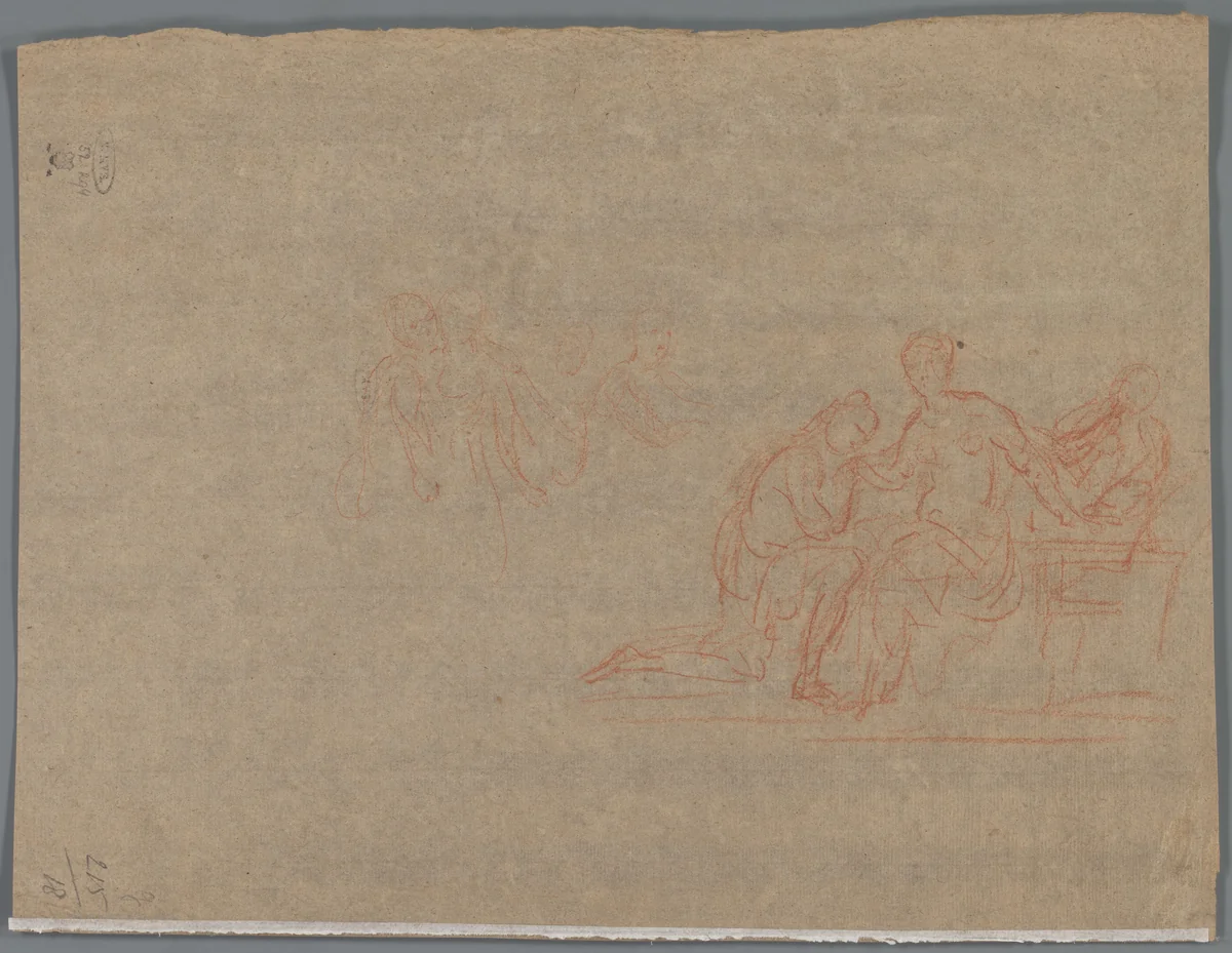 Half ontklede vrouw ontvangt het huldebetoon van twee mannen by anonymous, drawing, 1700-1800