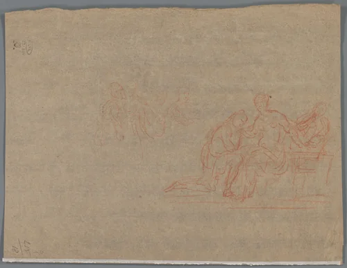 Half ontklede vrouw ontvangt het huldebetoon van twee mannen by anonymous, drawing, 1700-1800