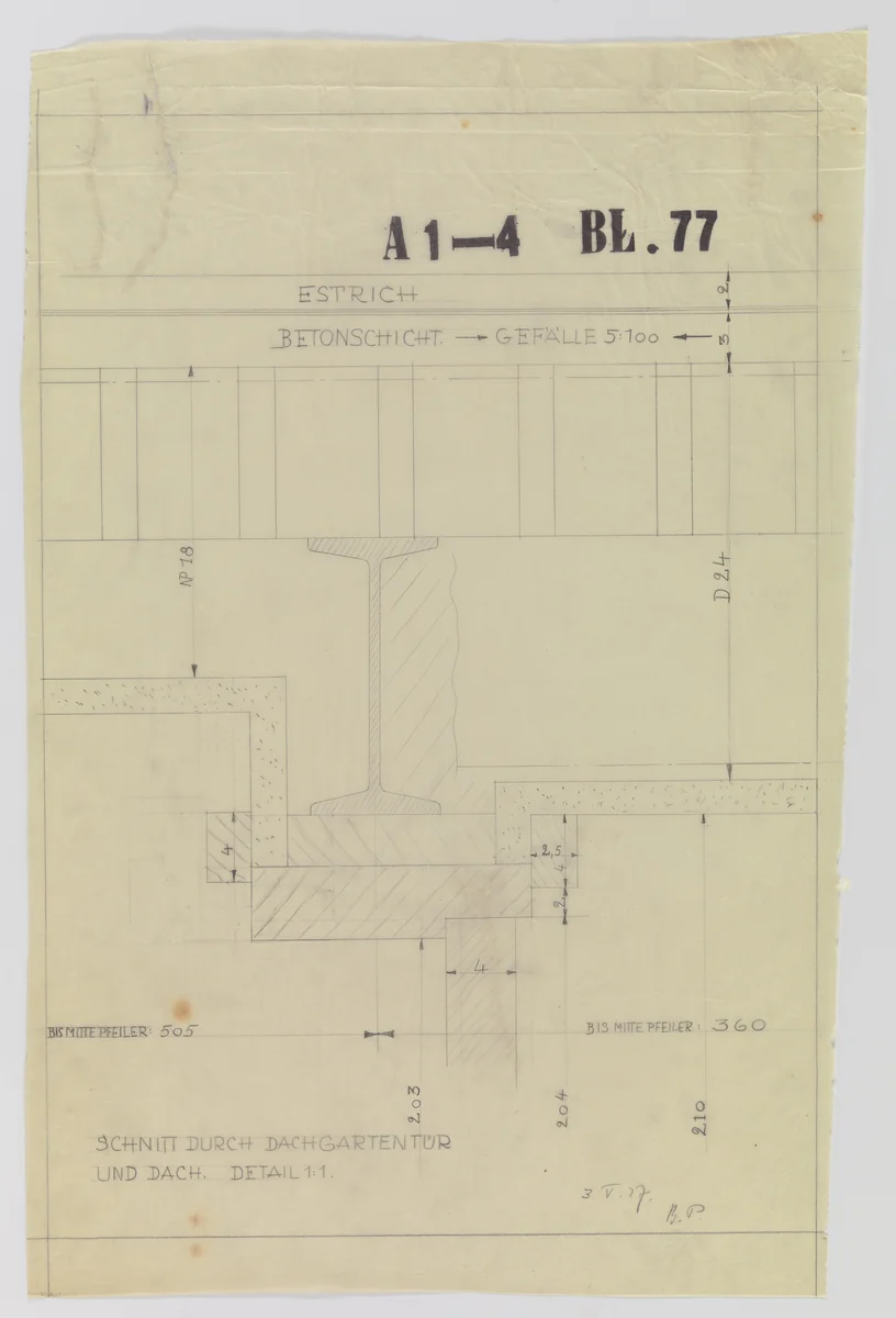 Weissenhof Apartment House, "The Dwelling" Exhibition, Stuttgart, Germany, Section. Roof garden door by Ludwig Mies van der Rohe, mies van der rohe archive, 1926