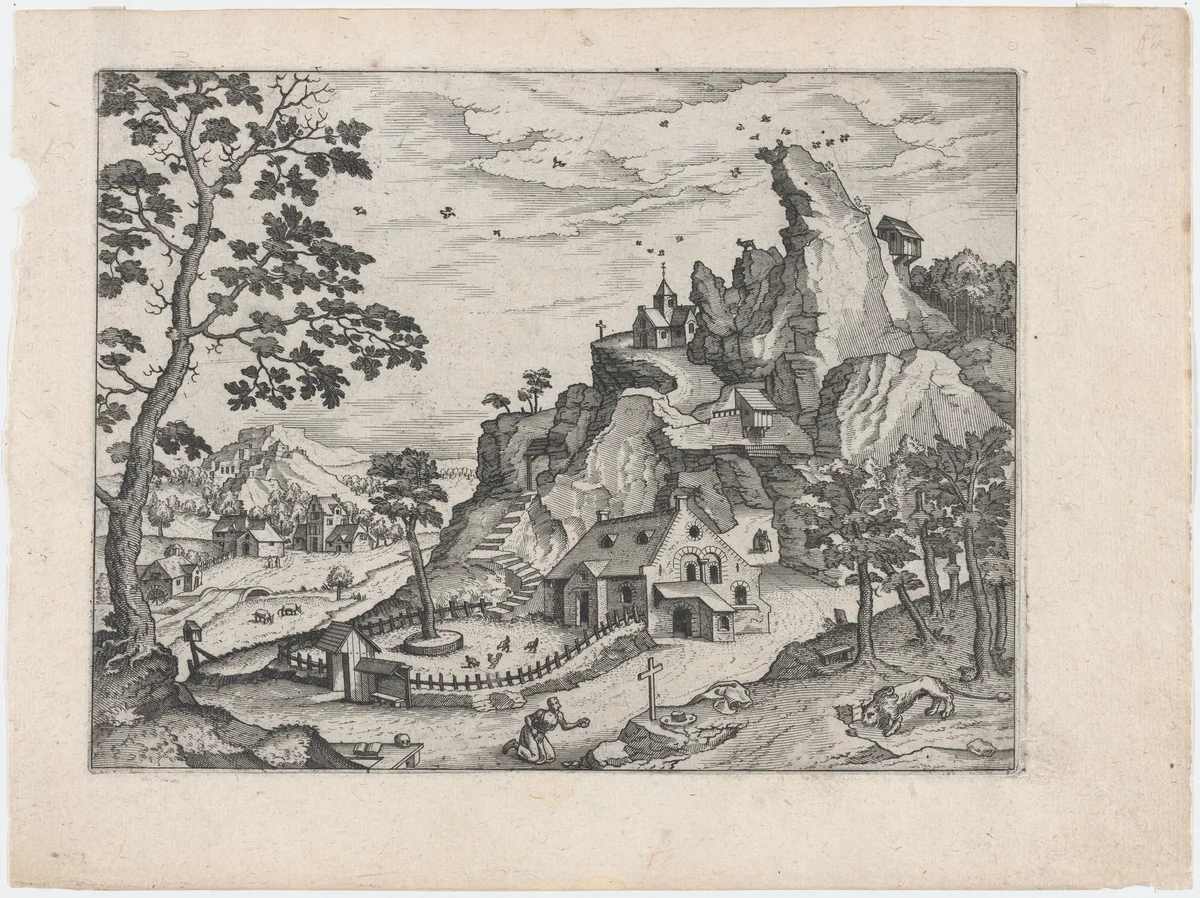 Landscape with Saint Jerome by Lucas Gassel, print, 1555-1575