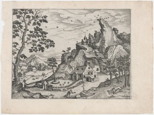 Landscape with Saint Jerome by Lucas Gassel, print, 1555-1575