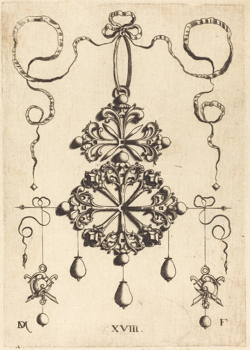 Pendant with Two Double Crosses by Daniel Mignot, print, 1516-1653