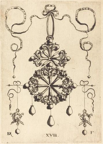 Pendant with Two Double Crosses by Daniel Mignot, print, 1516-1653