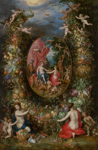 Garland of Fruit surrounding a Depiction of Cybele Receiving Gifts from Personifications of the Four Seasons by Jan Brueghel the Elder and Hendrik van Balen, painting, 1620