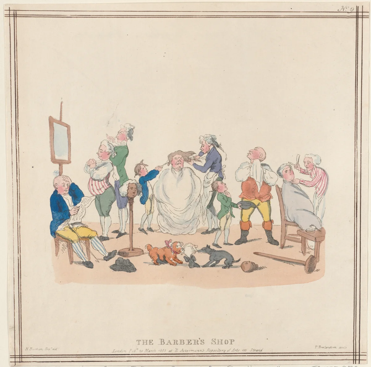 The Barber's Shop by Thomas Rowlandson, print, 1803