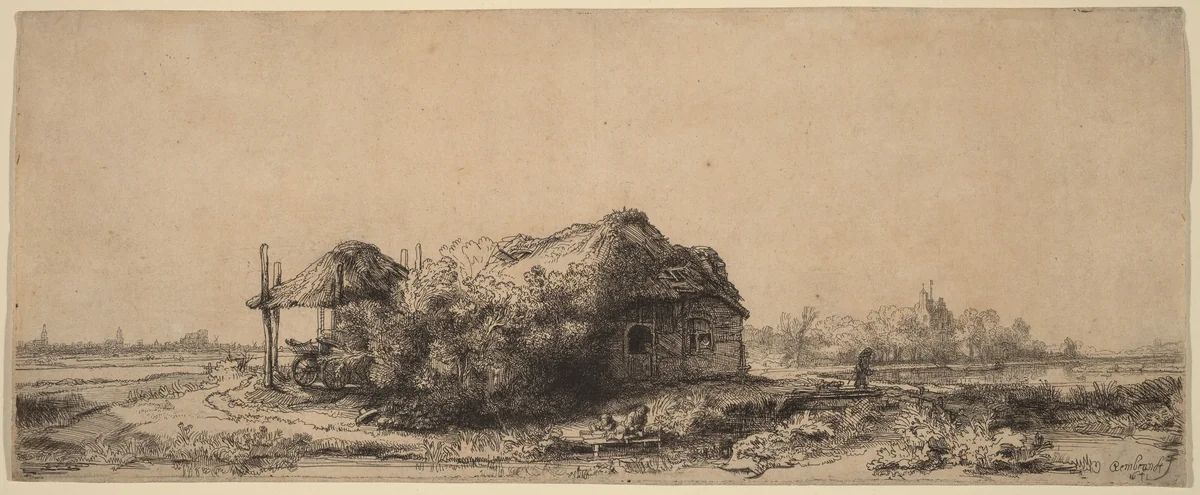 Landscape with a Cottage and Hay Barn: Oblong by Rembrandt van Rijn, print, 1641