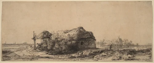 Landscape with a Cottage and Hay Barn: Oblong by Rembrandt van Rijn, print, 1641