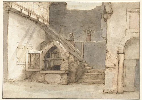 Waterput bij de stadsmuur te Bacharach by Lambert Doomer, drawing, 1663