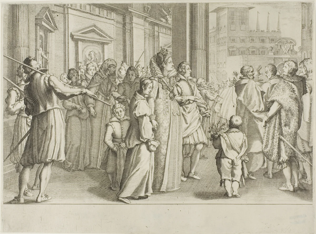 The Grand Duchess Christine of Lorraine Escorts to the Church Youths Whom She is Taking Under Her Protection by Jacques Callot, print, 1616-1620