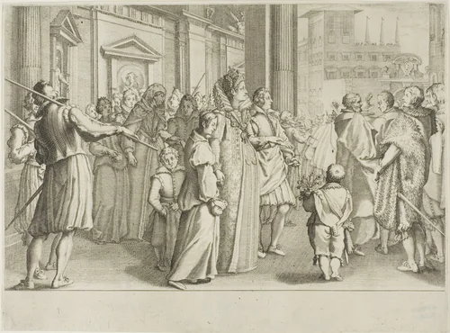 The Grand Duchess Christine of Lorraine Escorts to the Church Youths Whom She is Taking Under Her Protection by Jacques Callot, print, 1616-1620