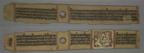 Folio from a Kalpa-sutra and Story of Kalakacharya of Devachandra: Text (recto); Brahmanshanti Yaksha (verso) by Devachandra, painting, 1279