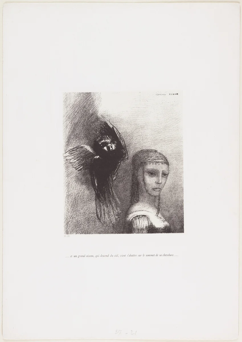 . . . And a Large Bird, Descending from the Sky, Hurled Itself Against the Topmost Point of Her Hair . . . ( . . . Et un grand oiseau qui descend du ciel, vient s'abattre sur le sommet de sa chevelure . . . ) from The Tempation of Saint Anthony (La Tentation de Saint-Antoine) by Odilon Redon, print, 1888