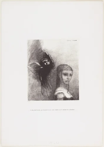 . . . And a Large Bird, Descending from the Sky, Hurled Itself Against the Topmost Point of Her Hair . . . ( . . . Et un grand oiseau qui descend du ciel, vient s'abattre sur le sommet de sa chevelure . . . ) from The Tempation of Saint Anthony (La Tentation de Saint-Antoine) by Odilon Redon, print, 1888