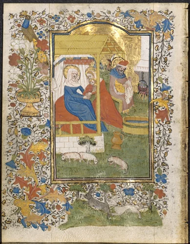 The Nativity: Leaf from a Book of Hours (3 of 6 Excised Leaves) by Henri d'Orquevaulx, manuscript, 1420-1430